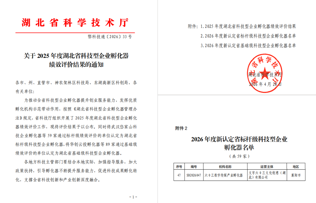 六0三公司获湖北省2026年度标杆级科技型企业孵化器认定